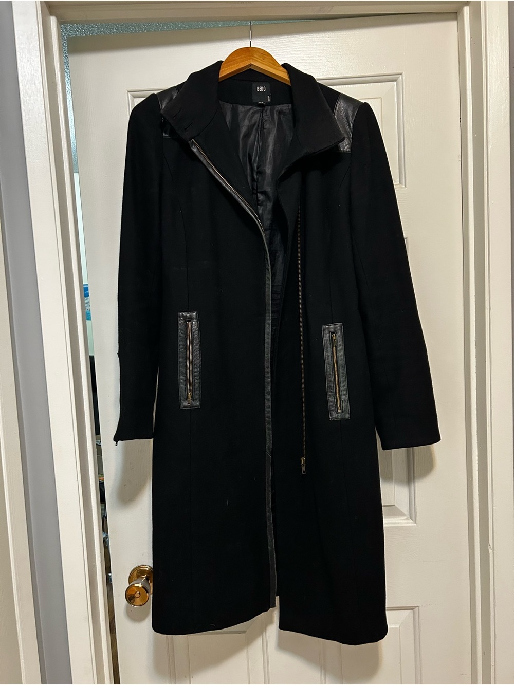 Black Wool Blend Long Coat with Leather Trim
